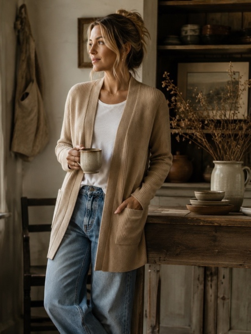 Jessica Holbrook Merino Wool Open Front Cardigan Cozy Cabincore Minimalist Large